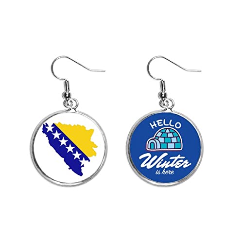Pendientes de Bosnia y Herzegovina con mapa y bandera nacional estilo gota de invierno