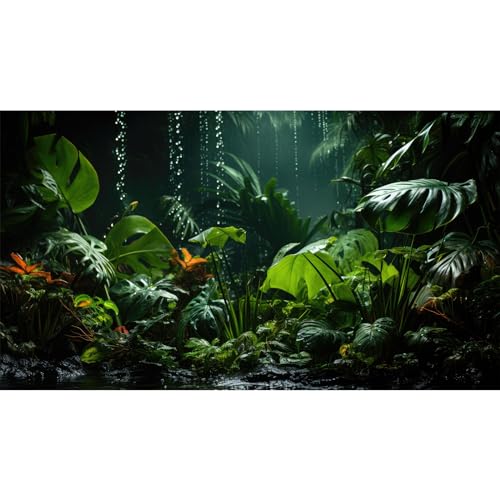 Image of Raining Forest Aquarium Background Tropical Green Palm Leaf Fish Tank Background Rainy Jungle Leaves Nature View Reptile Tank Backgrounds Foggy Misty Rainforest Reptile Enclosure Backgrounds 36x18in