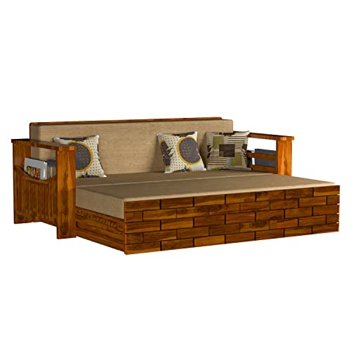 Image of Solid Wood Italian 3 Seater Sofa Cum Bed for Living Room | Three Seater Sofa Bed for Home | Sofa Com Bed | Sheesham Wood,Natural Finish Beige Cushion,3-Person Sofa