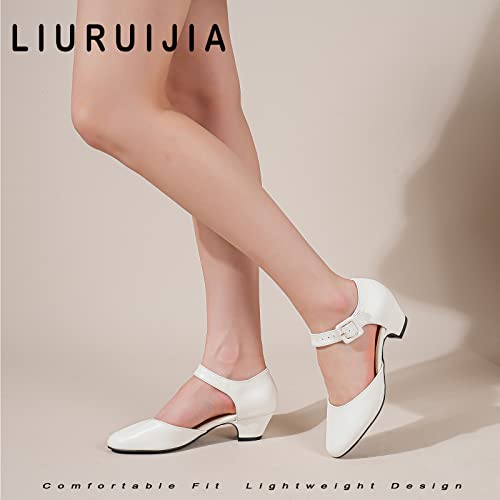 LIURUIJIA Women's Buckle Strap Low Block Heel Dress Shoes Bridal Wedding Heels Pumps White Matte 45 US 114