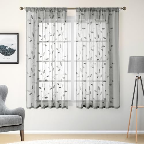 HOMEIDEAS Grey/Gray Sheer Kitchen Curtains 52 x 54 Inch Length
