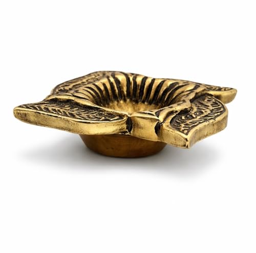 Image of Pure Solid Brass Diya for Pooja (100g) | Small Oil Lamp for Mandir | Antique Gold Floral Diya | Diwali Decoration, Home Temple Decor, Traditional Puja Deepam, Return Gift Item