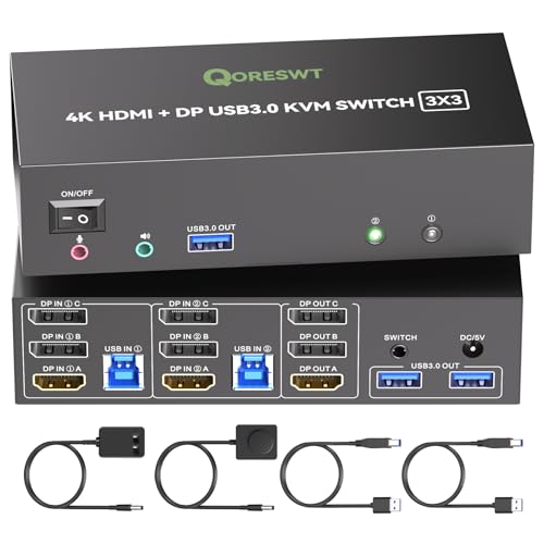 Image of KVM Switch 3 Monitors 2 Computers with Audio, HDMI + DisplayPort Triple Monitor KVM Switches, 3 Monitor KVM Support 4K@60Hz for 2 PC Share 3 Display and 4 USB 3.0 Devices