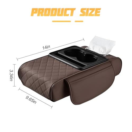 Image of Zpana Car Center Console Armrest Pillow, Memory Foam Leather 4 in 1 Vehicle Arm Rest Cover with Tissue Box 2 Side Storage Bag Cup & Phone Holder, Auto Armrest Cushion, Universal Fit (Brown)