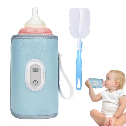 Portabiberones para bebés de viaje, calentador de biberones de viaje con pantalla LCD, calentador de biberones portátil para bebés adecuado para todas las botellas+1 cepillo, 5 temperaturas ajustables