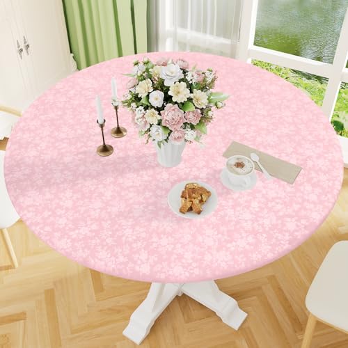 Image of Smiry Waterproof Heavy Duty Vinyl Fitted Tablecloth for 36 inch-44 inch Round Table | Elastic Plastic Table Cloth, Wipeable Washable Floral Patio Table Cover for Picnic, Kitchen and Dining, Pink