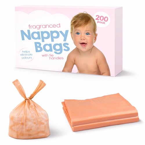 200 bolsas de pañales coloreadas con asas de cierre - Perfumadas para eliminar olores, duraderas y a prueba de fugas, ligeras y perfectas para bolsas de viaje de bebés