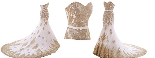 Lemai Mermaid Long Tulle Gold Lace Corset Sweetheart Wedding Dresses with Sash4