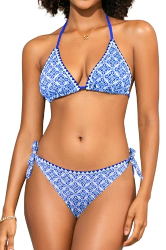 SHEKINI Conjunto de bikini triangular para mujer, estampado halter, boho, dos piezas, nudos laterales, traje de baño, Estampado floral de rombos, Large