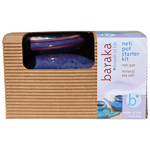Baraka Handcrafted Ceramic Neti Pot w/Box and 2 oz Mineral Sea Salt Rinse (Purple) - Tool Kit for Home - Relaxing Gifts for Women - Snoring & Saline Solution