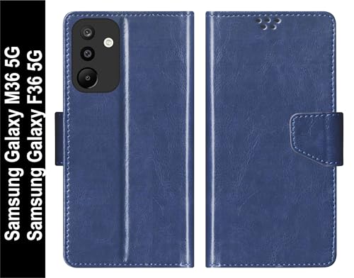 Image of SBMS Faux Leather Flip Cover for Samsung Galaxy M36 5G / Samsung Galaxy F36 5G Back Cover Case with Magnatic Closure | Inbuilt Stand | Card & Money Pocket (Blue)