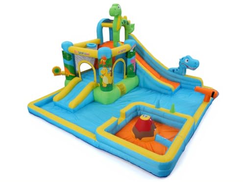 Tobogán acuático Inflable Castillo Hinchable con soplador para niños de 3 años + años, tobogán seco/acuático, Dinosaurios con 2 toboganes, Piscina Infantil y Piscina, Canasta de Baloncesto, cañón de