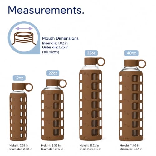 Image of purifyou 40oz / 32oz / 22oz / 12oz Borosilicate Glass Water Bottle with Time & Volume Markers, Silicone Sleeve, Stainless Steel Lid | Reusable Glass Bottle for Water & Juice (22oz Earth Brown)