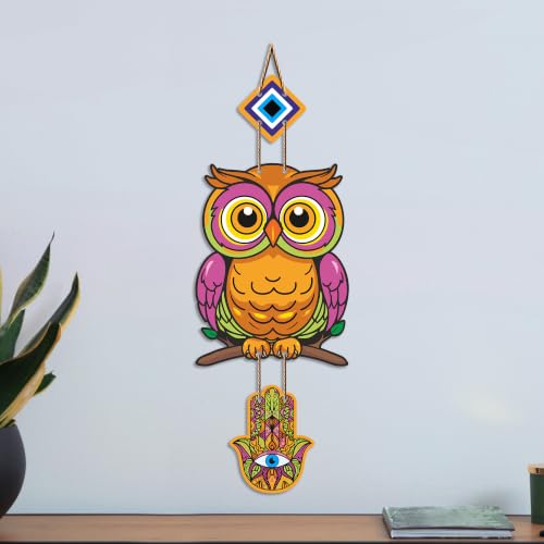 Image of Artvibes Owl Evil Eye Protection Wall Hanging for Home Entrance | Lucky Owl MDF Nazar Battu Decor | Decorative Vastu Wall Art for Bedroom | Office | Balcony & Living Room | Home Accent (WH 8528N)