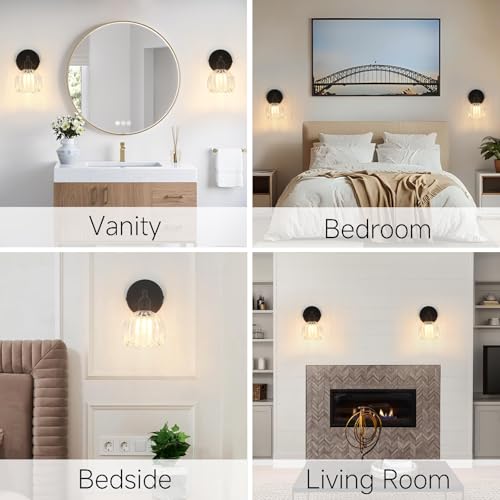 Image of Vintage Wall Sconce - 180 Adjustable Black Wall Light with Clear Tulip Glass Shade, Hardwired Sconces for Bedroom, Living Room & Hallway (3000K Bulb Included)