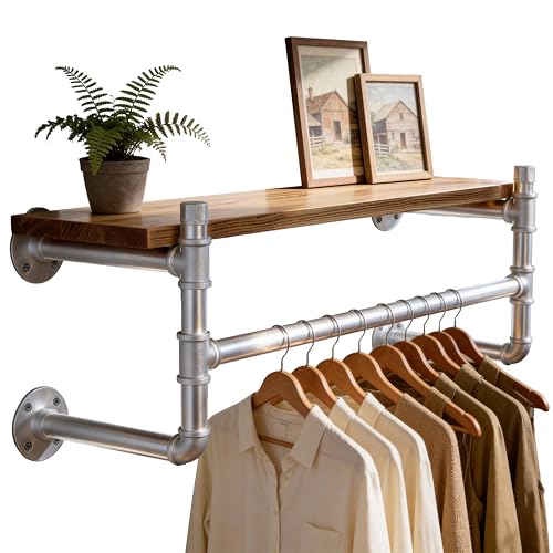 WEBI Wall Mounted Clothes Rack with Shelf,30" Industrial Pipe Clothing Rack with Shelf with Hanging Rod,Heavy Duty Iron Garment Rack Bar,Retail Display Clothes Rod for Laundry Room,Closet,Silver