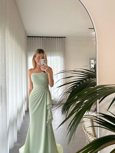 Image of MYDRESS Pleated Chiffon Bridesmaid Dresses for Wedding Spaghetti Straps Bodycon Ruffled Evening Formal Gown