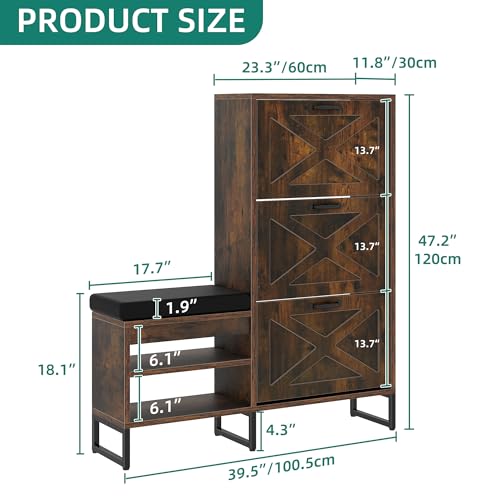 YITAHOME Shoe Cabinet with Bench for Entryway, 3 Flip Drawers Shoe Storage Cabinet with Shoe Bench, Farmhouse Slim Shoe Rack Organizer for Entrance, Living Room, Hallway, Rustic Brown