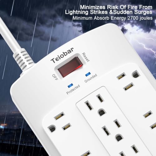 Image of 18 Outlets Surge Protector Power Strip - Teiobar 6 Feet Flat Plug Heavy Duty Extension Cord with 18 Widely Outlets and 4 USB Ports, 2100 Joules, White, ETL Listed