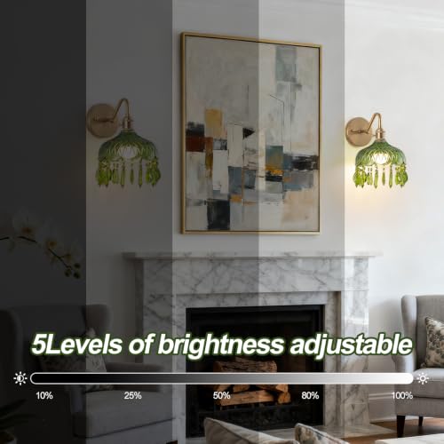 Image of Vintage Battery Operated Wireless Wall Sconces, Rechargeable Battery Brass Wall Lights,Luxury Corridor Lamp with Remote for Dining Room Hallway Living Room, Set of Two Green