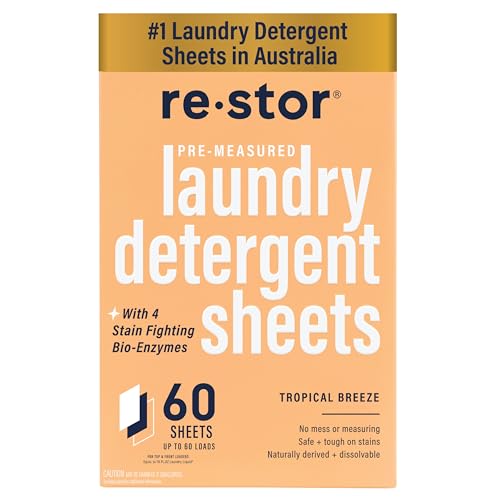restor Laundry Detergent Sheets Tropical Breeze 60 Loads | Eco Friendly Plastic Free Travel Laundry Washer Sheets | Superior Stain Fighting Washing Detergent sheets Number One in Australia