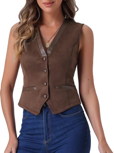 Allegra K Vintage Suit Waistcoat for Women's V Neck Faux Suede Button Down Sleeveless Jacket Vest