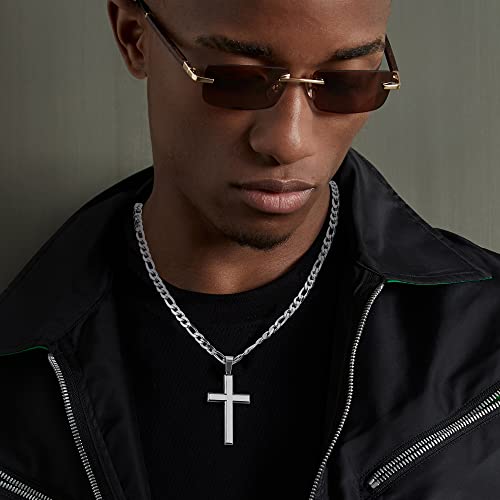 Lolias Cross Necklace For Men Women Stainless Steel Silver Figaro Cross Chain Beveled Edge Big Cross Pendant Necklace Christian Religious Gift 24 Inches #TOP1