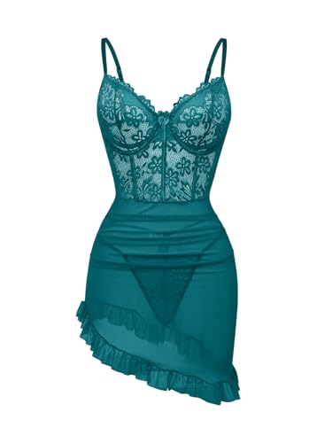 Image of Foxiny Sexy Corset Bodycon Ruffle Sheer Underwire Mesh Lace Floral Outfits Babydoll Lingerie Set Dress with Thong 2 Piece