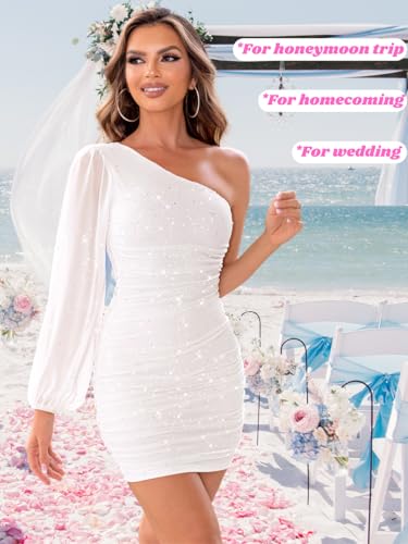 Image of ShawGobow Sparkly Outfits for Women,One Shoulder Ruched Bodycon Short Prom Dress,Sexy Dresses Cocktail Homecoming Nye