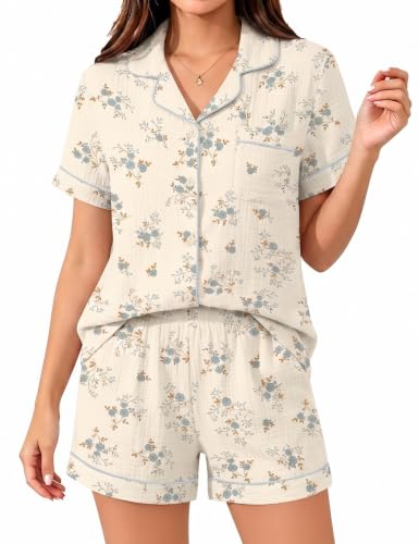 Image of SWOMOG 100% Cotton Pyjamas Set for Women 2PCS Short Sleeve Button Down Pjs Floral Print Summer Sleepwear Tops and Pants Blue Floral Branch Small