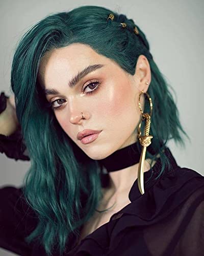 K'ryssma Green Short Bob Wig with Middle Parting Short Wavy Synthetic Wigs for Women Bob Green Cosplay Wig