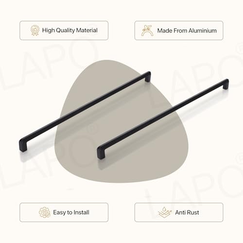 Image of LAPO 18 Inch Long Handles for Office, Stainless Steel Pulls for Drawer and Storage Unit, Comfortable Grip Edge, Rust Resistant Surface, Hole to Hole Size 45 cm, Quick Setup (450mm, Black, Pack of 6)