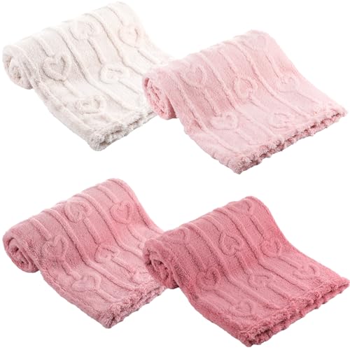 Image of HunnmingRe 4 Pcs Fleece Heart Baby Checkered Blanket Pink and White 30" x 40" Baby Girl Blanket Soft Plush 3D Fluffy Infant or Newborn Receiving Warm Nursery Swaddling Essentials Gifts