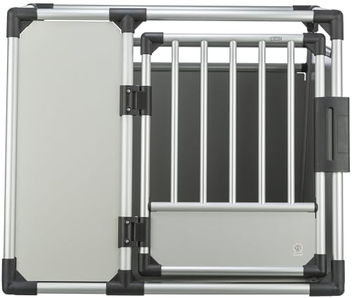 TRIXIE Hunde-Transportbox Aluminium in silber – L: 93 × 64 × 74 cm, stabile und geräuscharme Hundebox mit abgeschrägten Seiten, Sicherheitsverschluss & rutschfester Liegematte – 39344