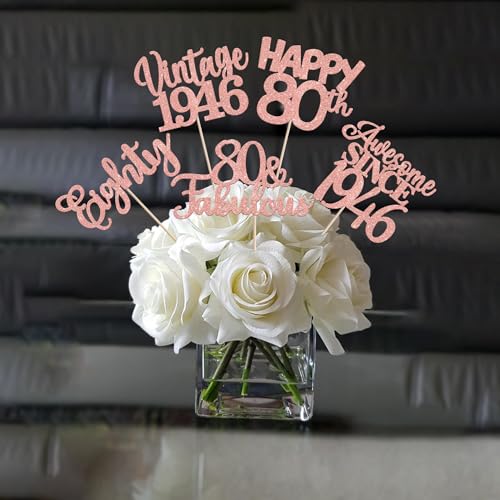 Image of 15 PCS 80th Birthday Centerpiece Sticks Happy 80th Vintage 1946 Table Flower Centerpieces Sticks Cheers to 80 Fabulous Floral Decorations for 80th Birthday Party Centerpieces Supplies Rose Gold