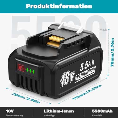 2Stück 5.5Ah Ersatzakku Kompatibel mit Makita 18V Akku BL1850 BL1860B BL1855 BL1840 BL1830 mit LED Indikator
