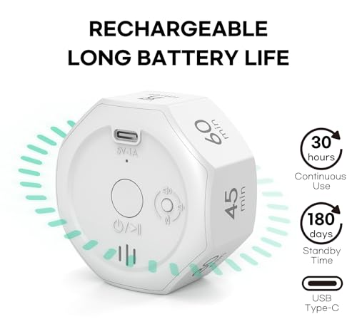 Flip Cube Pomodoro Timer - Rechargeable Visual Countdown & Count Up Stopwatch, 7 Preset Intervals, 3 Alarm Modes, Productivity Tool for ADHD, Kids, Study, Work & Kitchen (White) - Image 5
