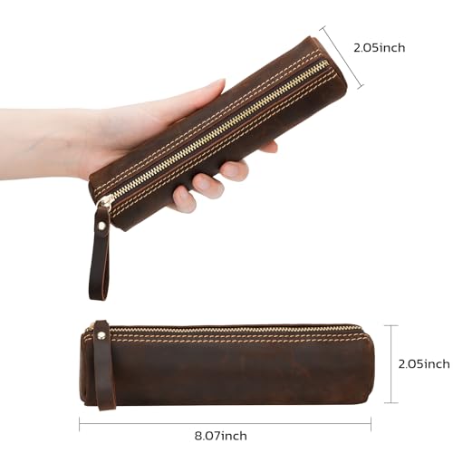 Image of ECHSRT Genuine Leather Pencil Pouch, Classic Cylinder Pen Bag - Coffee | Full-Grain Cowhide Leather, Crazy Horse Finish, Single Zipper, Vintage Pen Organizer for Adults