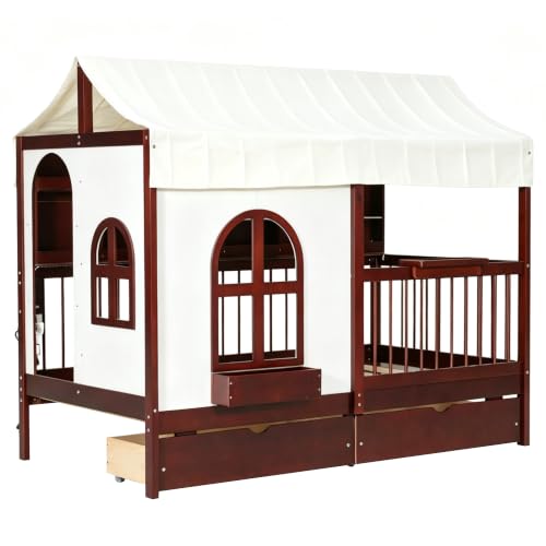 Image of House Bed with Tent and Bookshelf, 2 Drawers, USB Charging