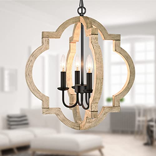 4-Light Farmhouse Orb Chandeliers, 21.6’’ Adjustable Wood Hanging Ceiling Light Fixtures, Rustic Pendant Chandeliers For Foyer Dining Room Kitchen Island Hallway #TOP1