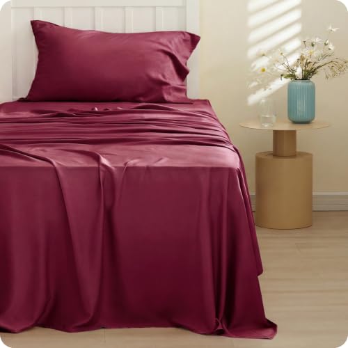 Image of Bedsure Cooling Sheets Twin, Rayon Derived from Bamboo, PureWoven, Breathable & Soft Twin Sheets Set, Deep Pocket Up to 16 Inches, Hotel Luxury Silky Bedding for Hot Sleepers, Burgundy