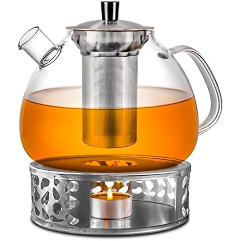 Glass Teapot with Warmer Set in Gift Box - 1.5 Litres - Keeps You Warm for a Long Time - Dishwasher Safe Cover