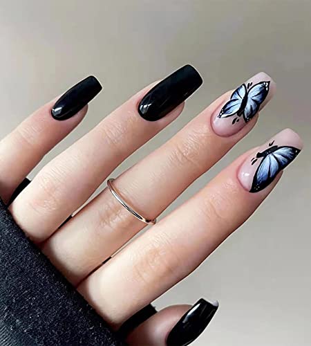 24 Pcs Press on Nails Medium, Sunjasmine Fake Nails with Nail Glue, False Nails with Designs Acrylic Nails Glue on Nails for Women and Girls (Black Butterfly)