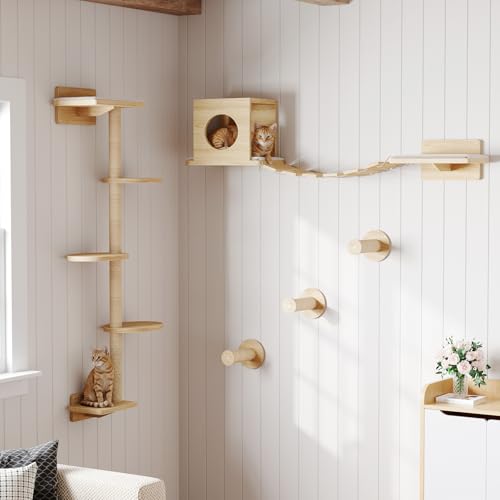 HOOBRO Wood Cat Wall Shelves for Large Cats, 11-Piece Cat Wall Furniture, Wall-Mounted Shelves with House, Hammock, Ladder, Scratching Posts and Step, Climbing Wall for Multiple Cats, Natural NL46CS03