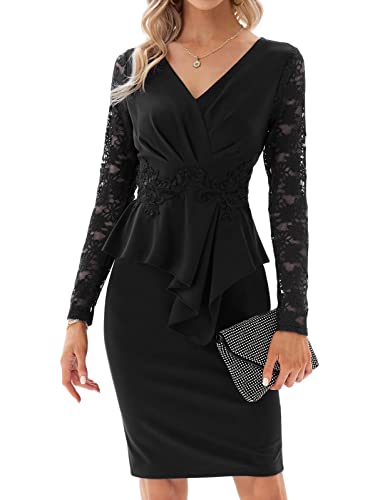 Grace Karin Women's Lace Long Sleeve Patchwork Peplum Bodycon V Neck Wear To Work Cocktail Pencil Dress Black S #TOP27