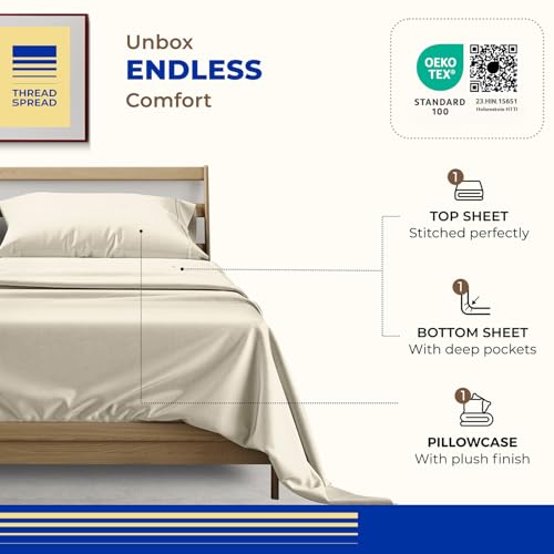 Image of THREAD SPREAD Twin XL Size Bed Sheets Set, Luxury 1000 Series 100% Egyptian Cotton Sheets Twin XL Size (3 PC, Ivory), Silky Soft, Cooling, Sateen Weave, 16 inch Deep Pocket Hotel Quality Sheet Set