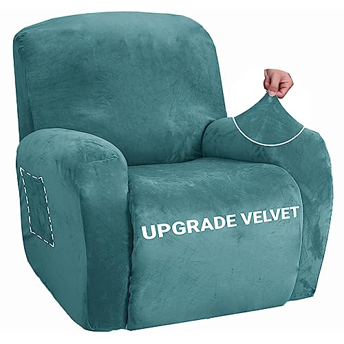 ZNSAYOTX Stretch Velvet Recliner Covers 4-Pieces, Thicker Soft Plush Recliner Chair Slipcover with Side Pockets, Washable Luxury Dog Cat Pets Proof Reclining Protector (Recliner, Peacock Blue)