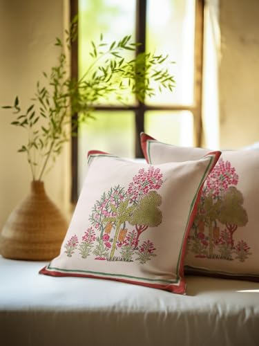 Image of Darakht Hand Block Printed Cushion Cover Set | Cushions Cover for Home & Office | 100% Cotton Fabric | Size - 16 x 16 Inches | Pack of 2 Cushion Covers | Color - White