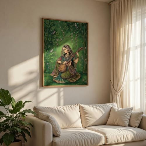 Image of Livin'luxe Indian Classical Musician Lady Wall Art with Wooden Frame | Traditional Folk HD UV Laminated Print on MDF | Vintage Cultural Painting for Living Room Bedroom Decor 13.5 x 19.5 Inch