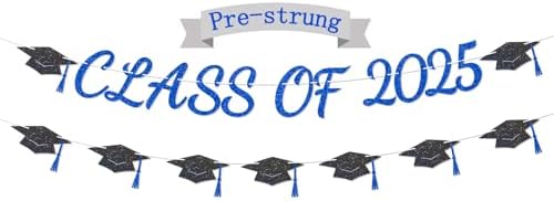 Class of 2025 Banner, 2025 Congrats Grad Decorations,we are so proud of you Decor,Blue Glitter Letters with Black Graduation Cap Banner(Pre-strung) Class of 2025 Banner, 2025 Congrats Grad Decorations,we are so proud of you Decor,Blue Glitter Letters with Black Graduation Cap Banner(Pre-strung)